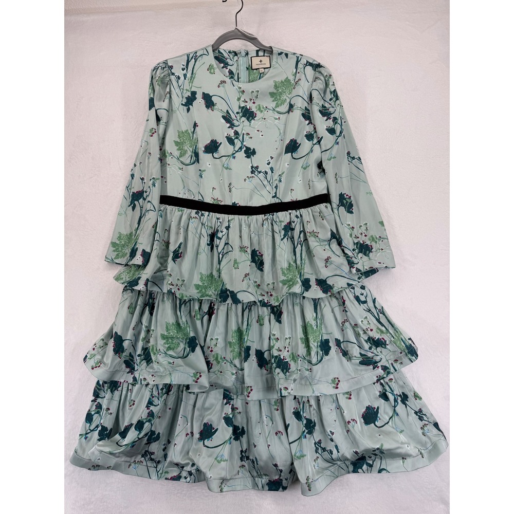 Tuckernuck Floral Tiered Dress Long Sleeve Womens XL Green Black‎ Trim READ